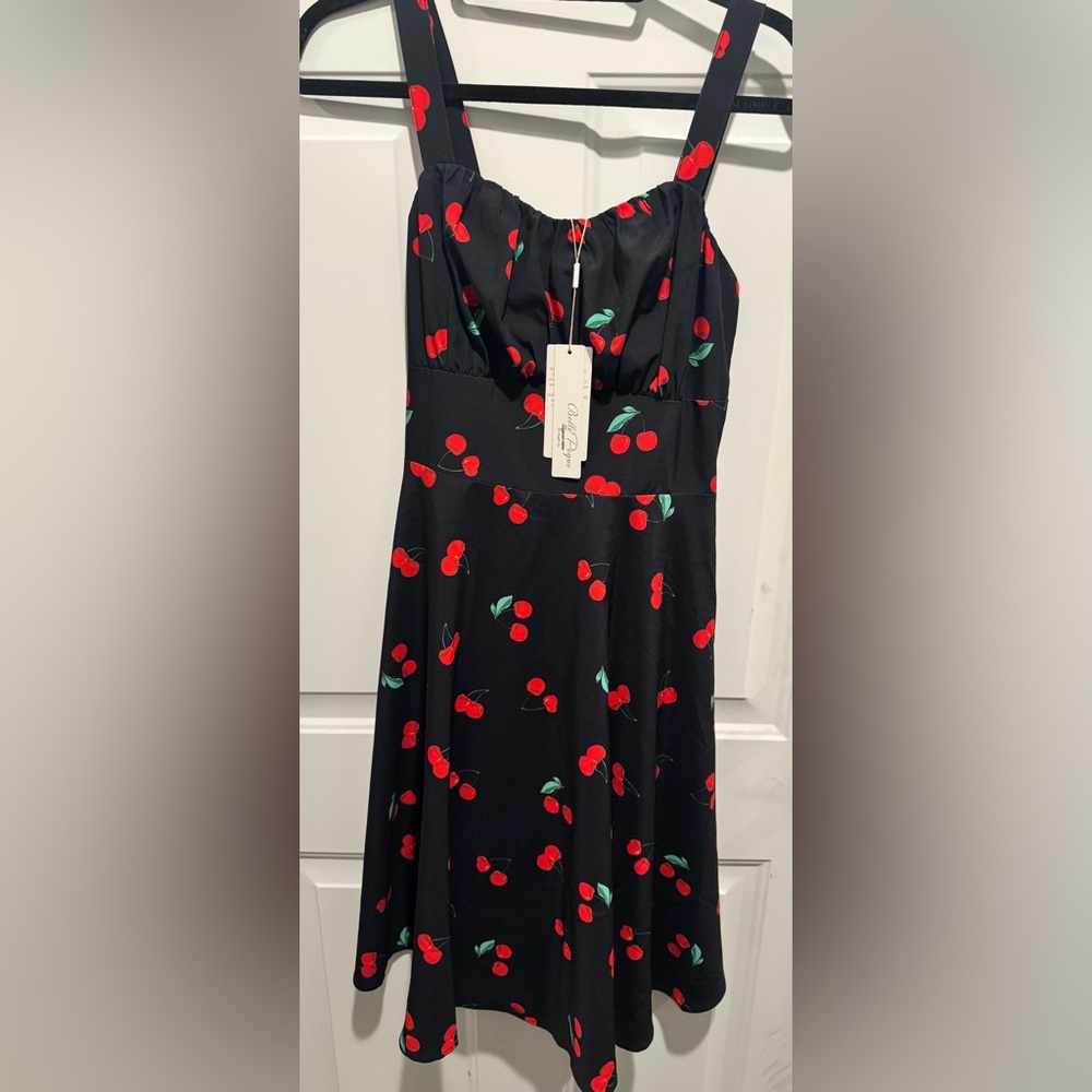 Retro Black Dress with Red Cherry Pattern - Picture 2 of 8